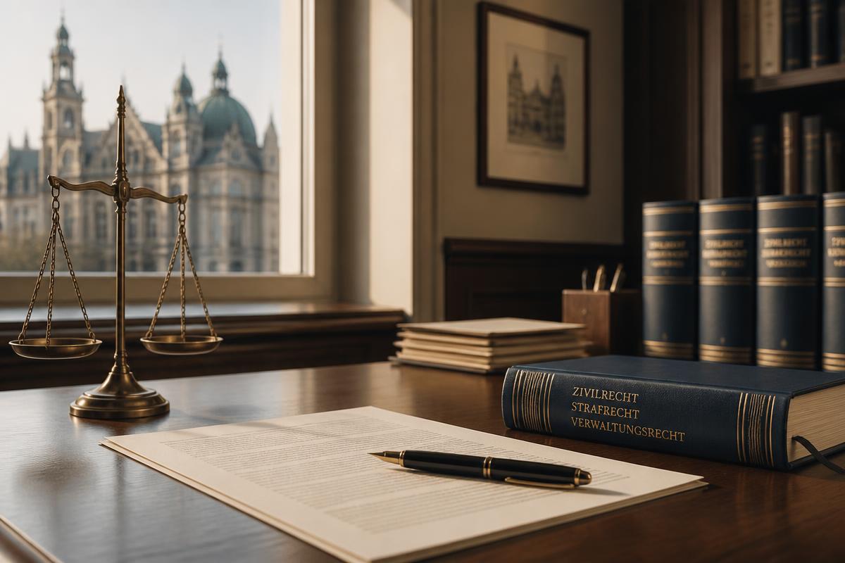 A professional German law office desk with legal documents, a scale of justice and law books